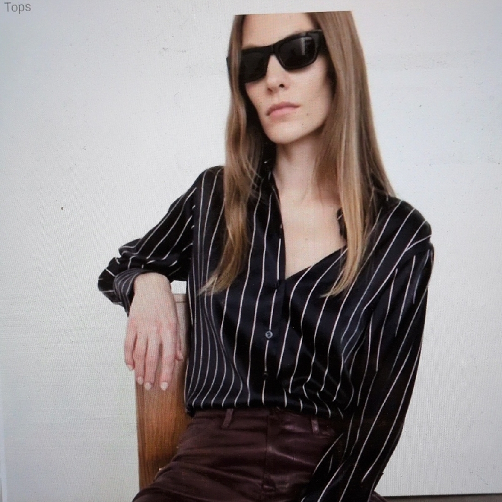 Frame Denim Black Pinstripe Silk Button-Down Shirt